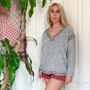 White black knit tunic top UO ecoté red embroidery